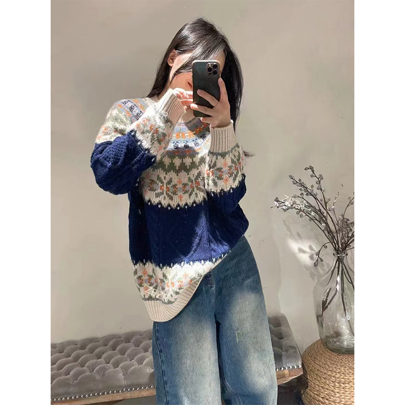 纯羊绒衫女秋冬欧货高级感花朵民族风宽松加厚圆领北欧费尔岛毛衣