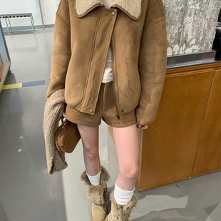 甜美风加绒气质翻领鹿皮绒外套女装冬季宽松粉色皮毛一体保暖上衣