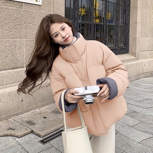 撞色立领短款羽绒服女冬季加厚外套今年流行小众ins免疫面包服