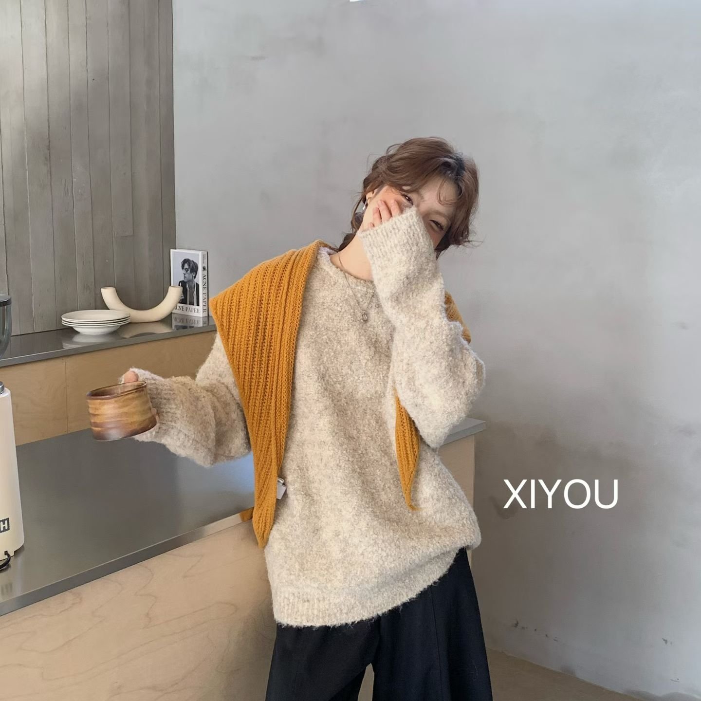 慵懒感秋冬毛衣女宽松减龄仿马海毛圆领针织上衣2025新款打底衫