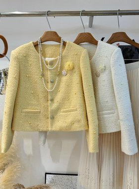 2025冬季新款羽绒秋高级感富家千金羊毛黄色小香风外套女