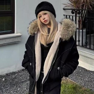 派克服短款羽绒棉服女仿兔毛大毛领2025冬季韩版外套美式复古棉衣