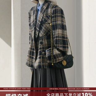 4U4U 格纹夹棉毛呢西装女冬季新款超好看英伦风修身显瘦短款外套
