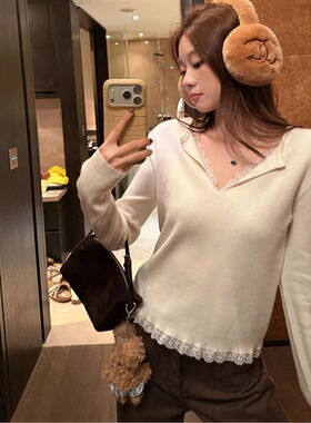 im向 300g德绒/羊绒混纺V领蕾丝拼接长袖针织衫女保暖打底衫内搭