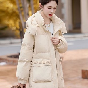 白鹅绒中长款羽绒服女2025新款冬季加厚保暖可拆卸帽高级感外套潮