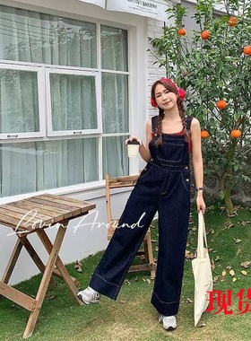 AZUL-9073深蓝遮肉阔腿牛仔背带裤女高腰显瘦宽松连体裤梨型身材