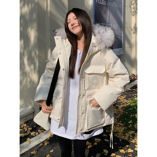 2025丹麦之冬极寒女短款加厚大毛领粉色工装派克服韩版羽绒棉服女