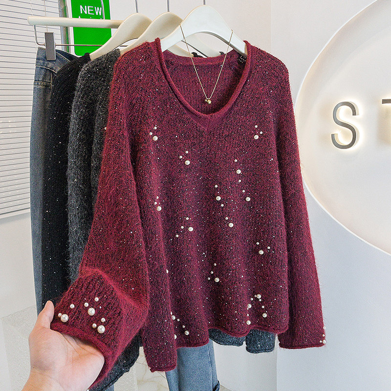 实拍大码女装新款韩版重工订珠亮片V领卷边高级宽松显瘦减龄毛衣,女装/女士精品,大码内搭,淘宝优惠券,粉丝福利购,淘宝优惠卷