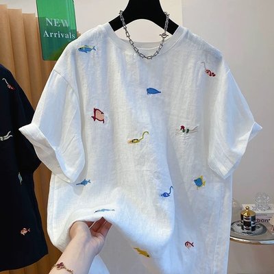 夏装新款大码女装天然亚麻t恤欧美宽松套头圆领棉麻休闲上衣