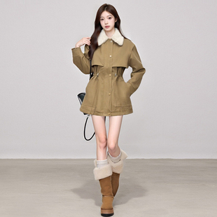 欧货加厚收腰棉衣女2025秋冬新款中长款宽松加棉鹿皮绒派克服外套