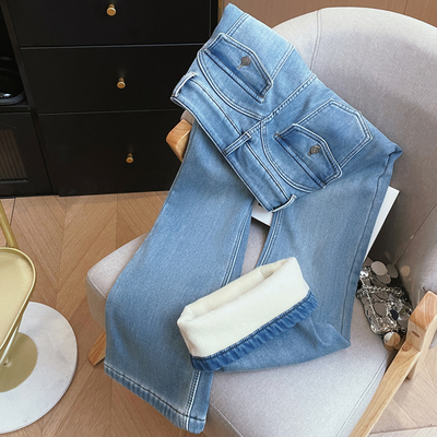 实拍冬季加厚保暖复合婴儿绒高腰修身弹力显瘦微喇叭牛仔长裤子女