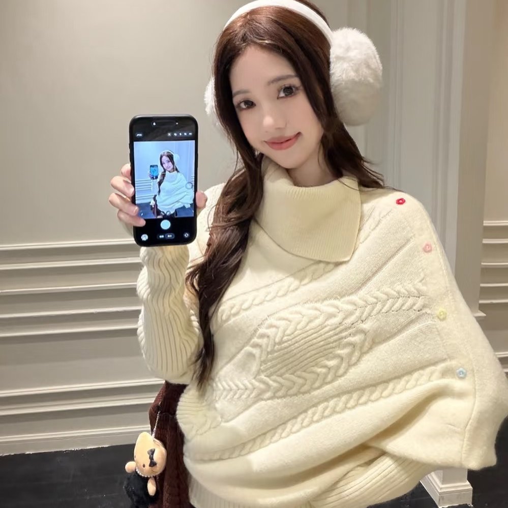 法式温柔风高领斗篷毛衣女2025秋冬新款宽松软糯高级感长袖两件套