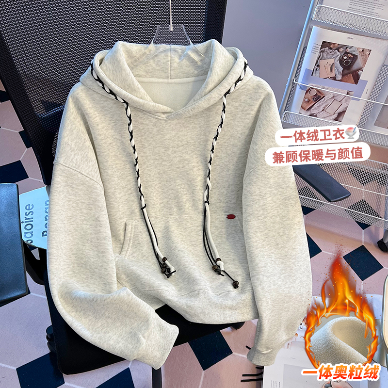 实拍2025年冬季新款女装加绒加厚韩系慵懒风连帽卫衣百搭显瘦长袖