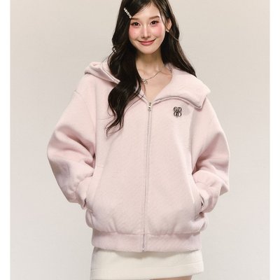 QDQD 小香风白色圈圈毛外套甜美少女感学院风大翻领连帽长袖上衣