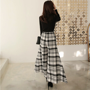 喇叭裤 韩版 2025秋新粗花毛呢高腰大脚裤 阔腿裤 气质黑白千鸟格修身