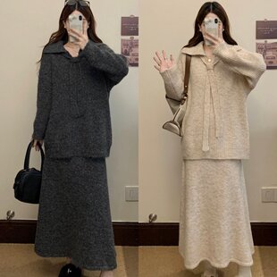 实拍大码冬季韩系休闲百搭宽松慵懒风针织毛衣配飘带+半身裙套装