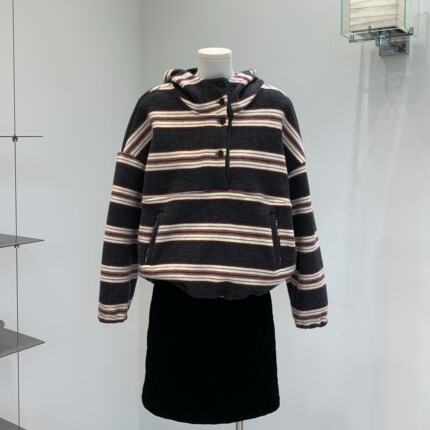 cookadaily人鱼 韩系加绒保暖宽松连帽百搭条纹撞色套头卫衣外套