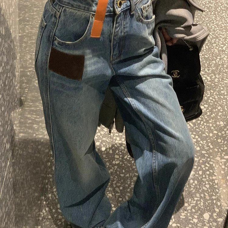 刘亦菲欧阳娜娜同款 水洗蓝色皮标复古长裤撞色宽松阔腿牛仔裤