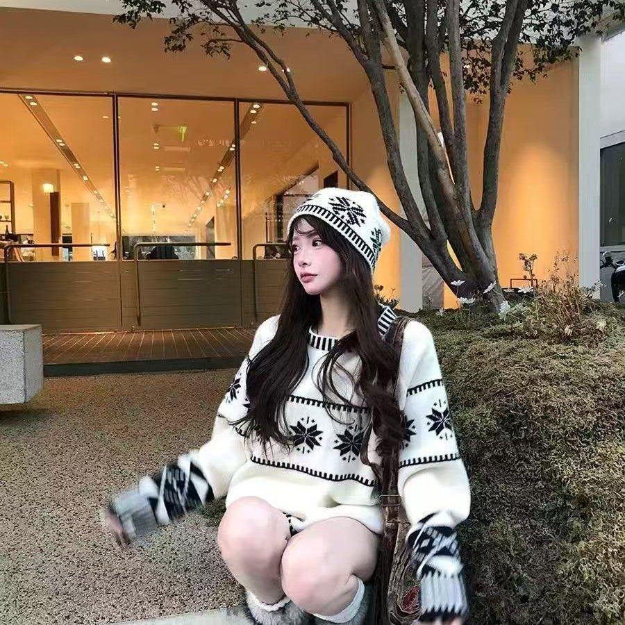 七颗虾滑费尔岛毛衣秋冬女中长款宽松厚款针织衫慵懒内搭长袖上衣