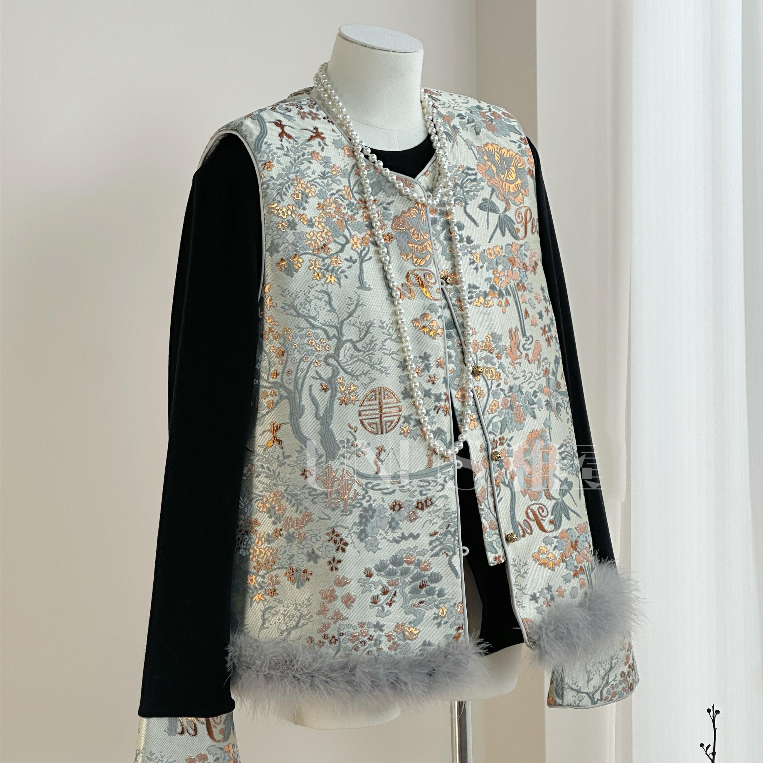 2025秋冬新中式独特提花马甲配打底衫两件套装加棉国风唐装宋锦