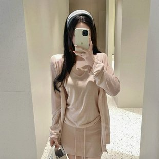 三件套粉色针织V领淡人氧气套组天丝亚麻开衫冰沙套