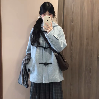 手工编织牛角扣大衣韩版宽松休闲连帽短款毛呢外套格子半身裙套装