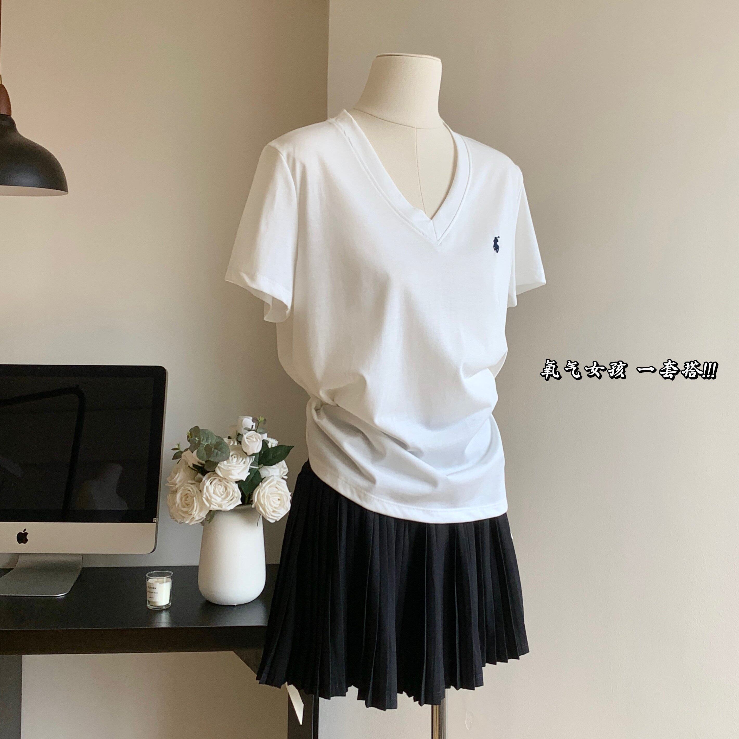 callmeear//氧气呼吸V领短袖T恤女夏季休闲韩版刺绣白色上衣