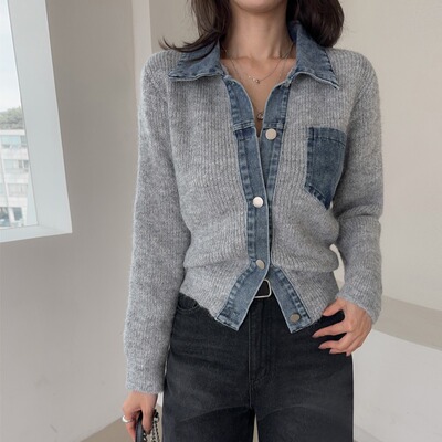 秋冬韩版时尚小众设计感牛仔拼接毛衣女宽松长袖开襟衫针织衫外套