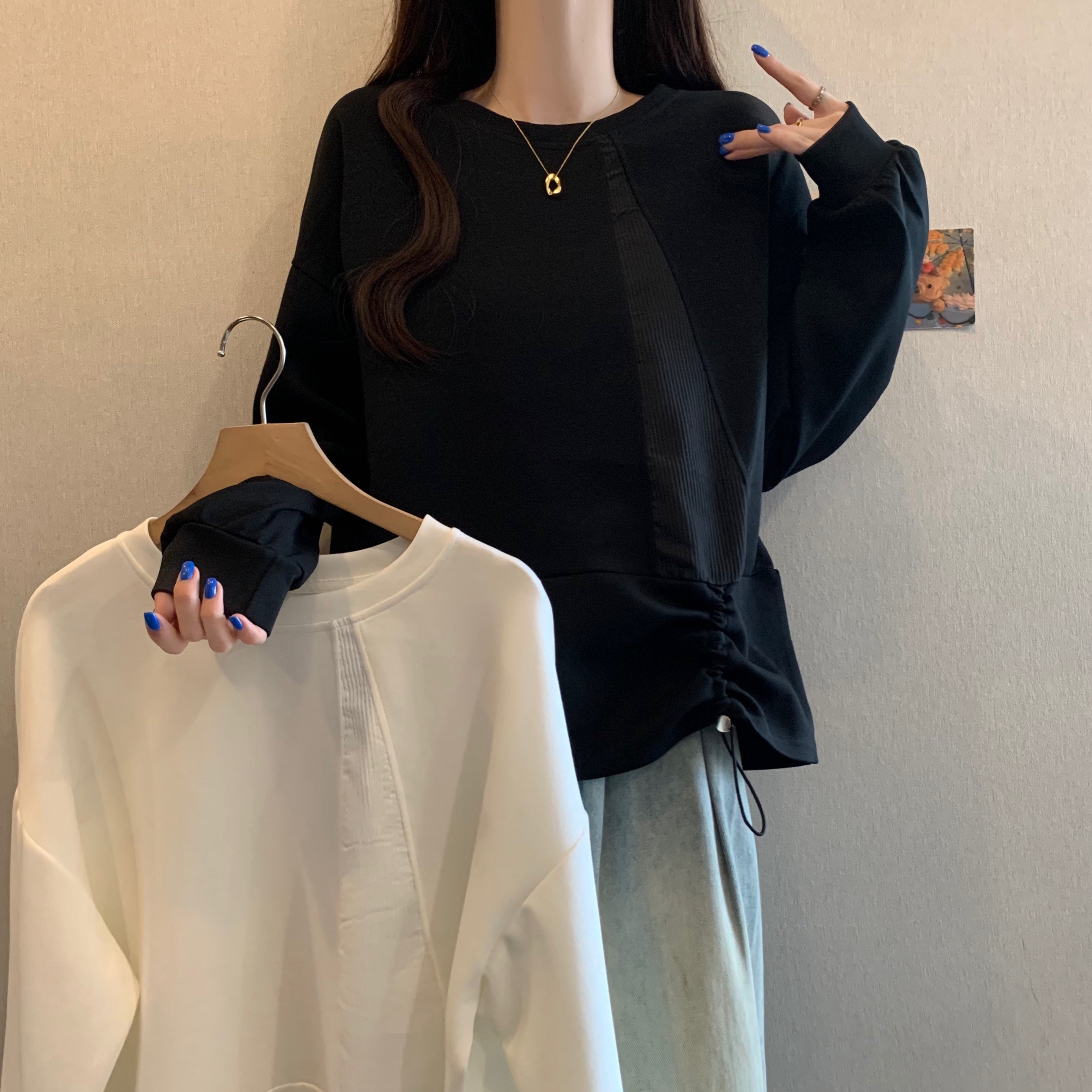 大码正肩长袖卫衣女早秋款宽松遮肚圆领上衣胖MM皱褶绑带纯色T恤