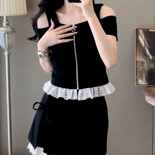 女夏蕾丝露肩上衣短裙两件套潮 原版 十三行设计感镂空开衫 法式 套装