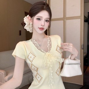 甜美少女色系蕾丝蝴蝶结短袖 上衣拼接短袖 修身 洋气火爆流行新款