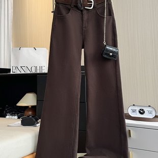 实拍韩版高级感咖色显瘦弹力高腰微喇加绒牛仔长裤女冬配真毛腰带