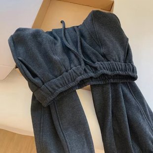 深灰色木耳边加绒加厚休闲运动卫裤女直筒阔腿裤宽松糯米裤子