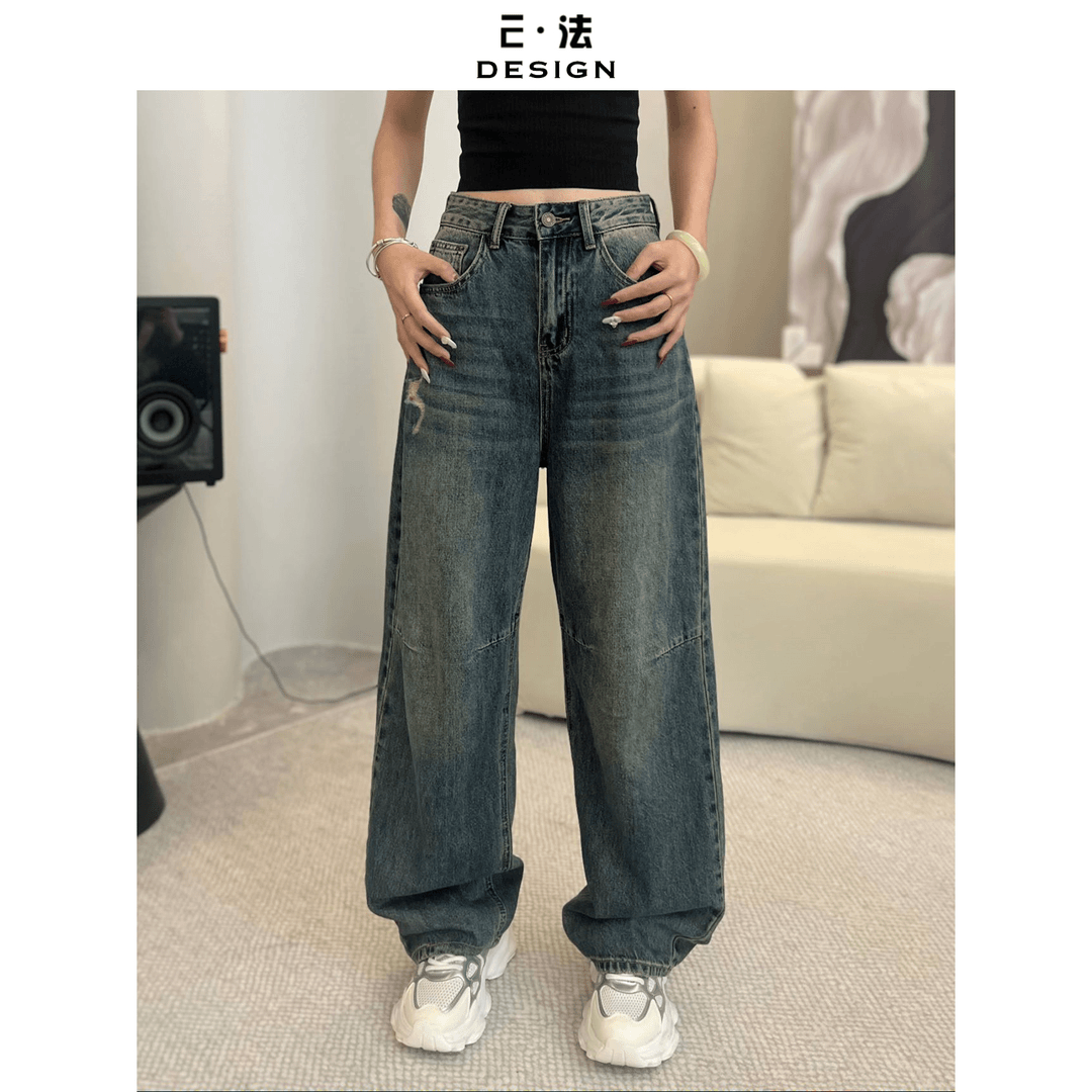 蓝色复古直筒宽松牛仔裤女2024年夏裤子显高显瘦磨破牛仔堆堆裤女