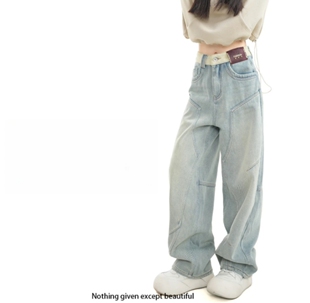 美式复古结构拼接做旧加绒工装牛仔裤女撞色裤腰头阔腿裤堆堆裤女