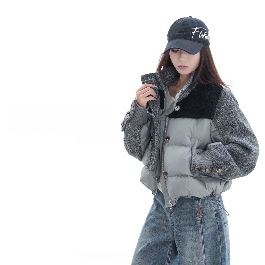 设计感羔羊拼接立领羽绒服外套女2025冬季新款白鸭绒保暖上衣潮女