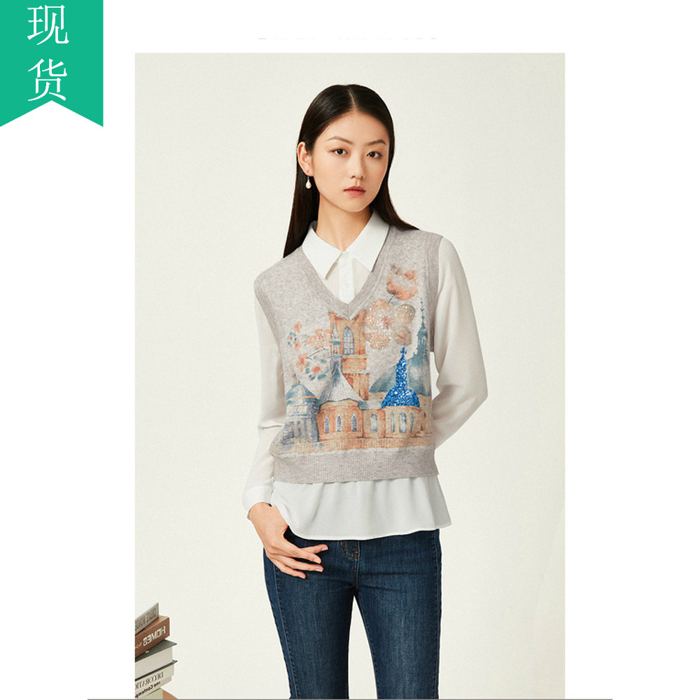 遇见音儿缘2023秋新款时尚气质假两件上衣亮片套头毛针织衫女毛衣