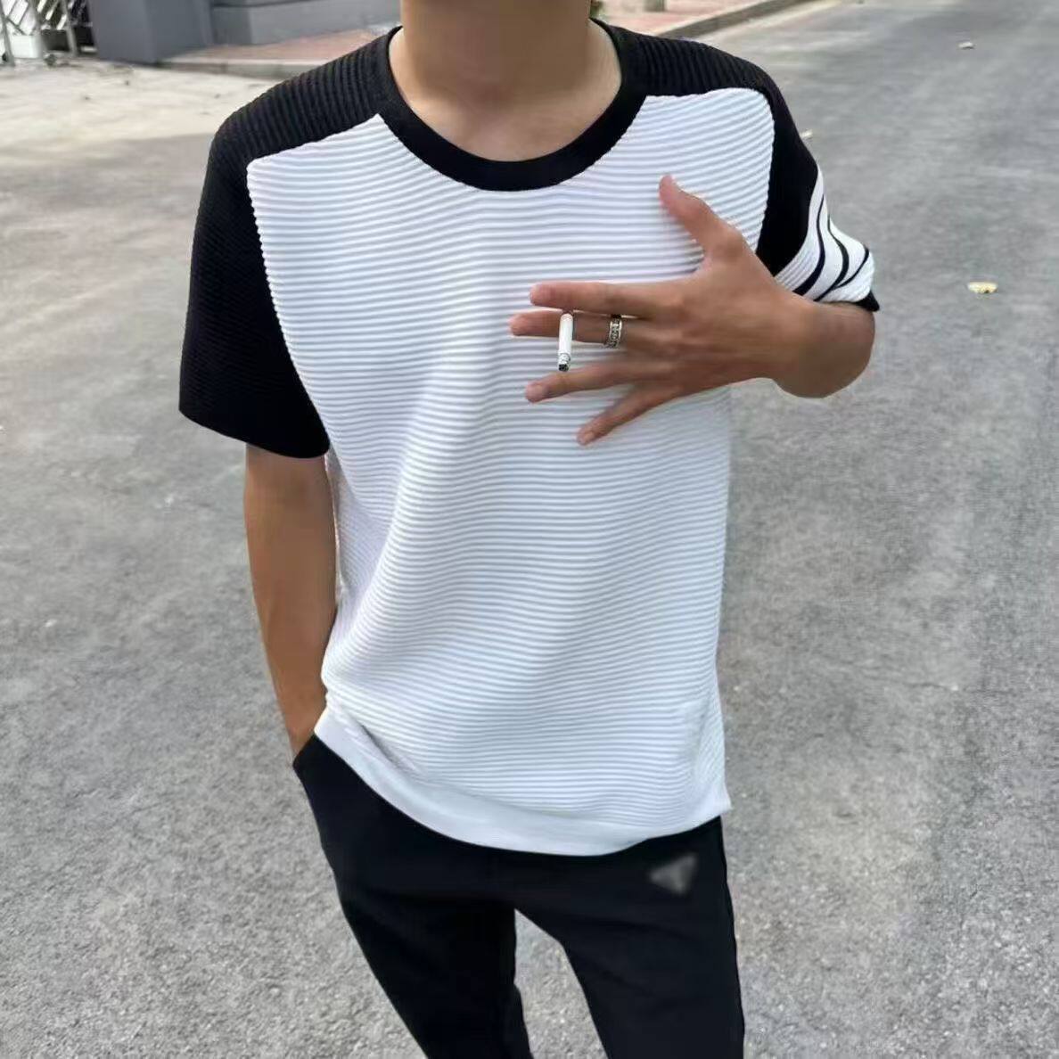 网红冰丝棉撞色T恤男潮经典四道杠提花短袖修身插肩袖透气针织衫