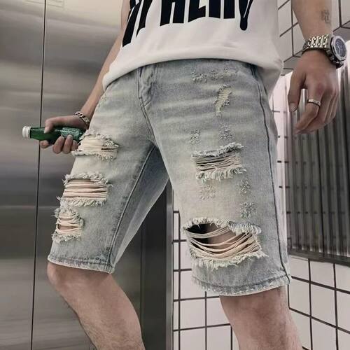 夏季薄款痞帅破洞牛仔五分裤男