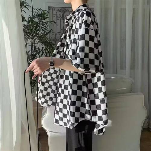 黑白棋盘格子衬衫男女夏季设计感小众宽松韩版衬衣中长款叠穿上衣