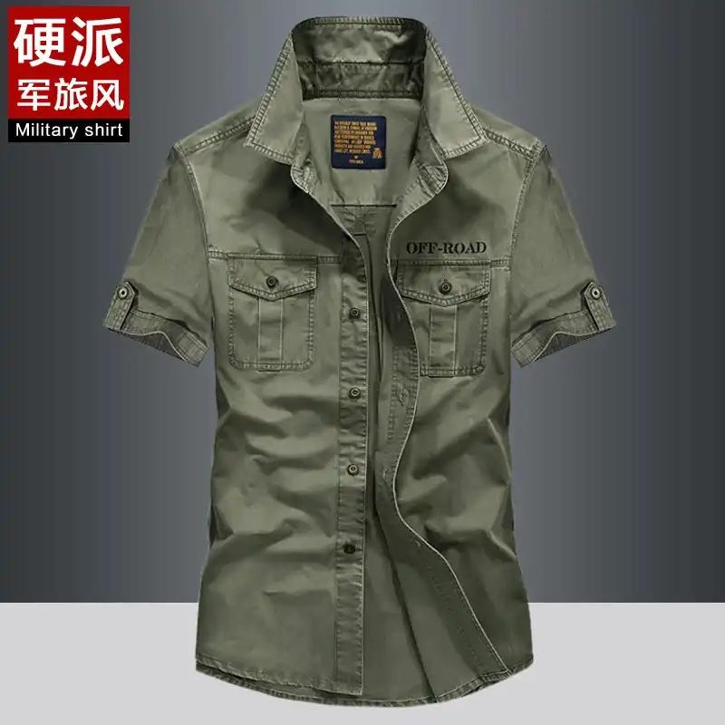 大码薄款军装纯色多口袋短袖衬衫