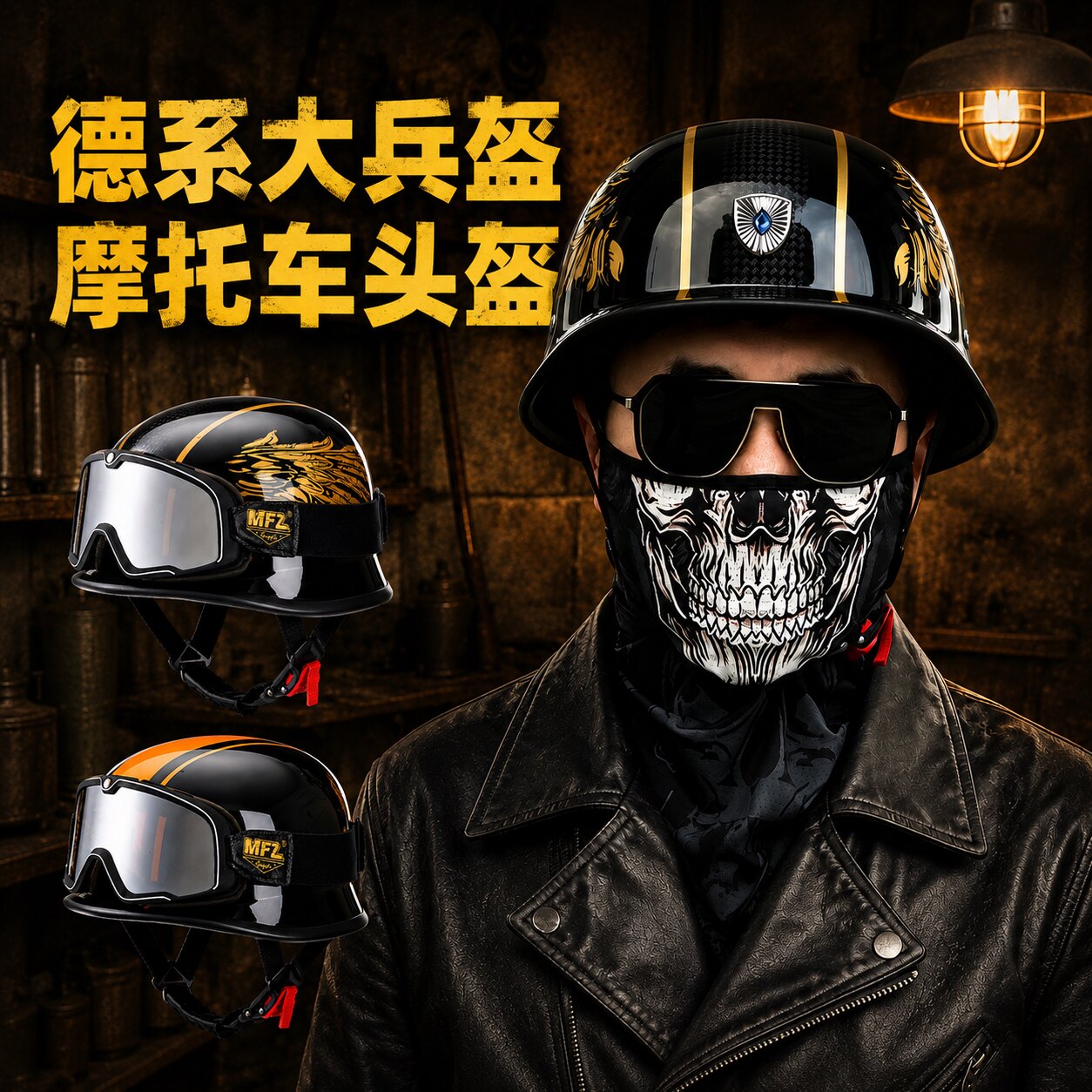 夏季复古德国钢盔摩托车半盔3C