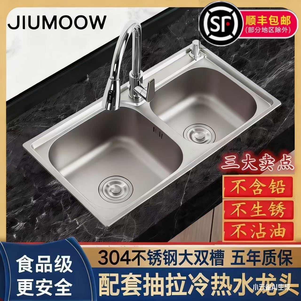 厨房水槽双槽套餐SUS304不锈钢一体成型加厚不沾油洗碗池洗菜盆