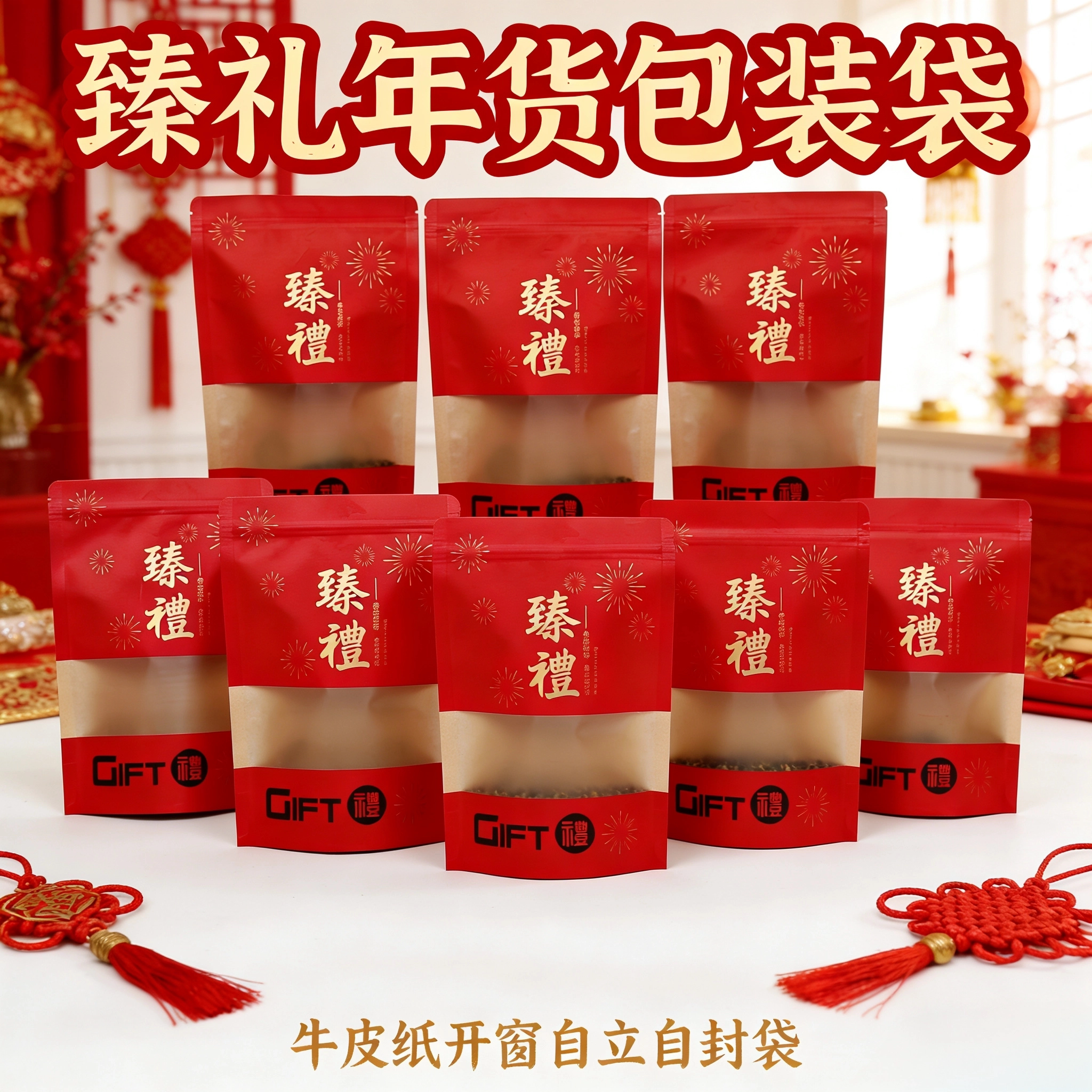新年通用干果牛皮纸袋食品袋零食自立自封袋坚果干货喜糖礼品包装