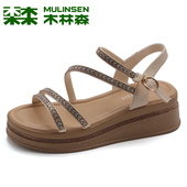 防滑软底厚底增高中跟一字带露趾简约罗马鞋 木林森坡跟凉鞋 女夏季