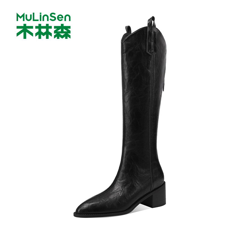木林森秋冬长筒粗跟尖头骑士靴