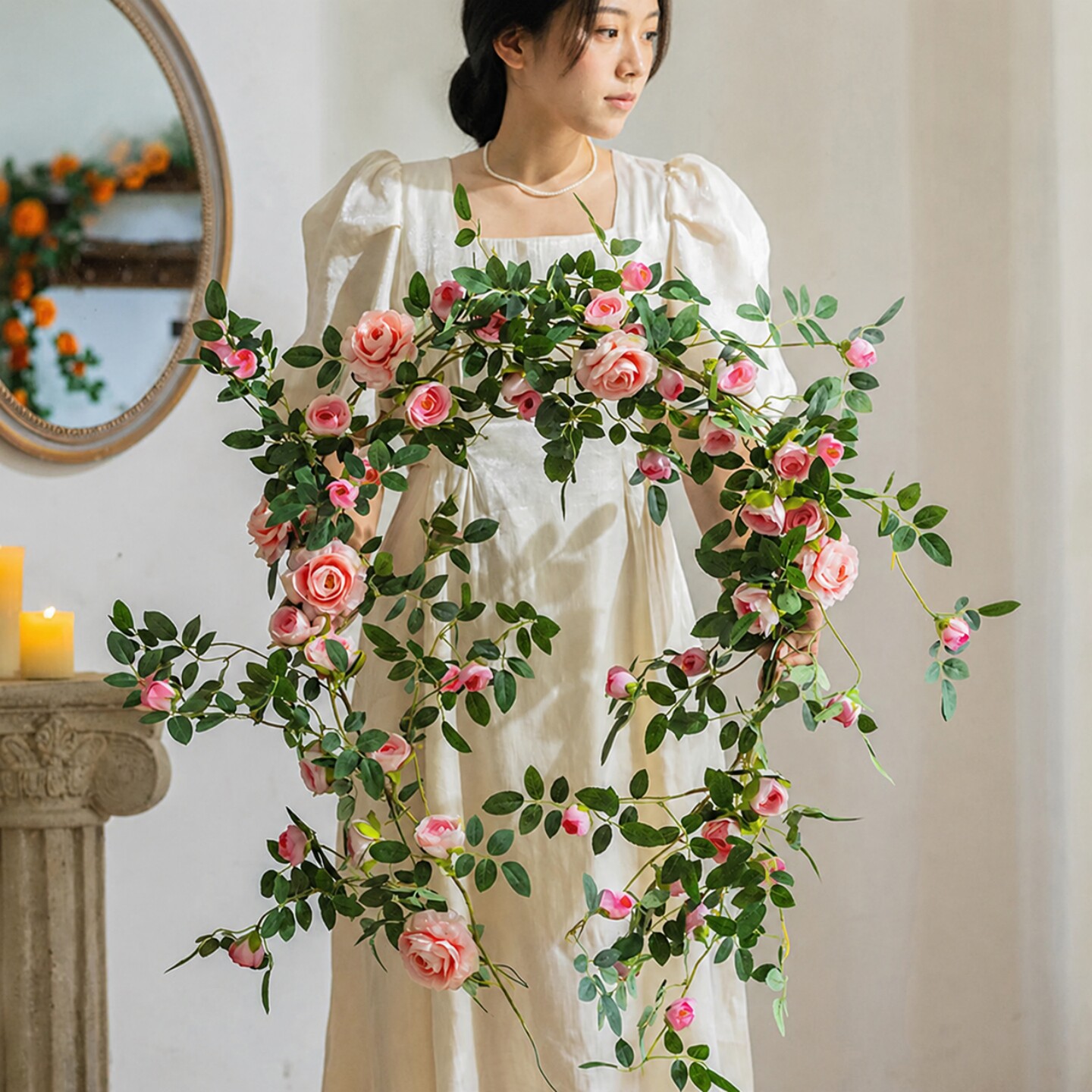 仿真玫瑰花藤假花塑料藤条空调管道缠绕藤蔓装饰遮挡吊顶花条植物