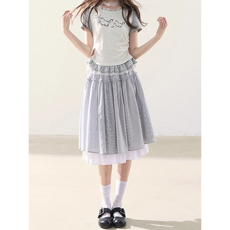 甜美减龄猫咪圆领短袖t恤+半身裙套装夏季新款少女通勤两件套