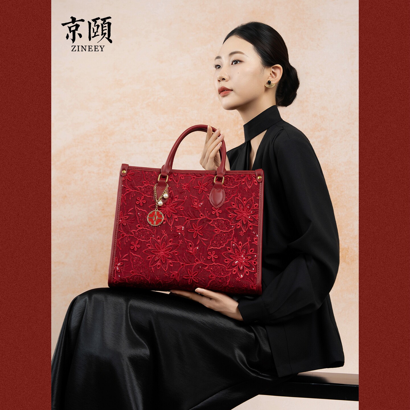 京颐珠光宝气刺绣手提包新娘七夕订婚国庆婚礼大容量两用手提单肩