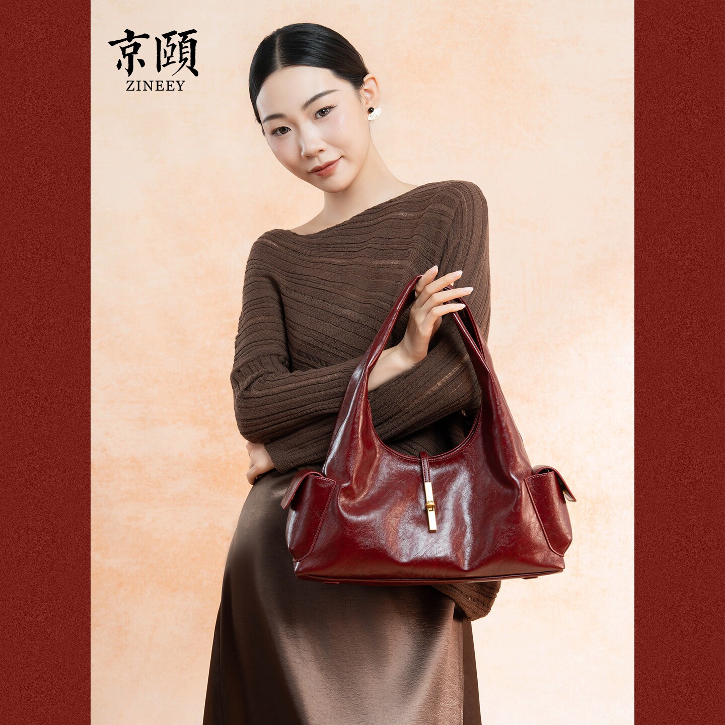 酒红色油蜡皮Hobo腋下包女大容量多口袋新娘结婚包日常通勤两用包